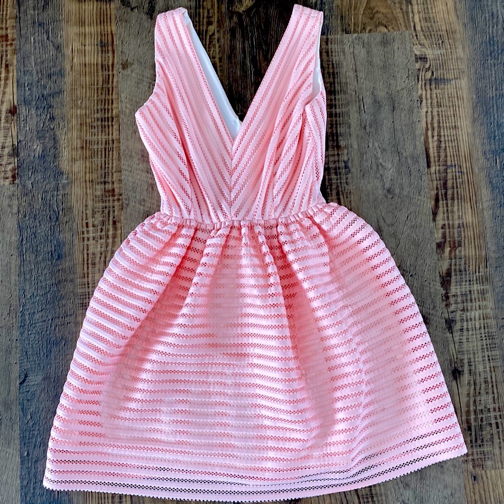 Bar III Pink Party Dress. V-neck, V-back. Flared Skirt. Size Small. Mesh fabric